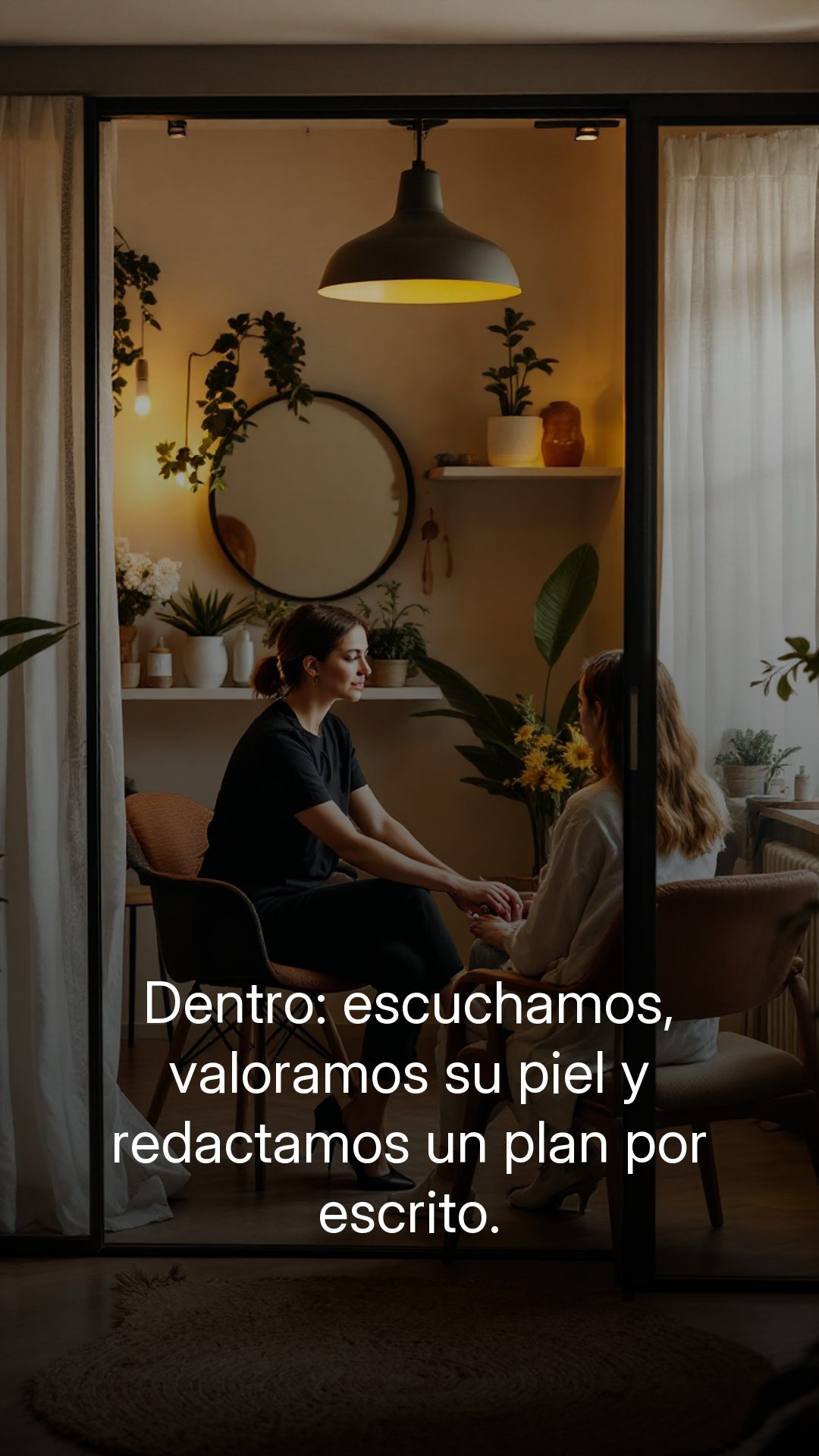Historia de ejemplo: una profesional conversa con una clienta en una cabina, con el texto «Dentro: escuchamos, valoramos su piel y redactamos un plan por escrito».
